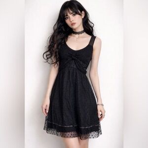 VTG Y2K Black Swiss Dot Sheer Mesh Dress 2 Silk Kawaii Whimsigoth Fairy Grunge‎